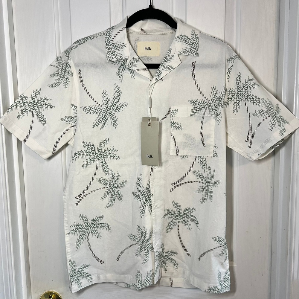 NEW Folk Coast SS Shirt Mens S White Green Palm Tree Print Cotton Camp Collar